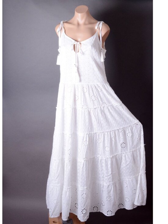 Dresses & Skirts - White Tiered Crochet Eyelet Fringe Bohemian Sleeveless Bow Summer Long Dress